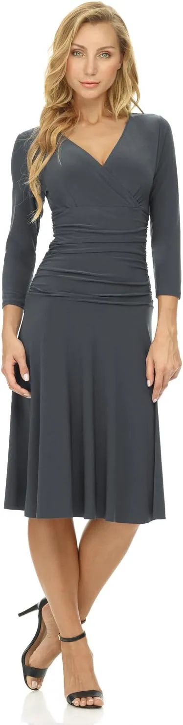 Rekucci Women's Slimming 3/4 Sleeve Fit-and-Flare Crossover Tummy Control Dress