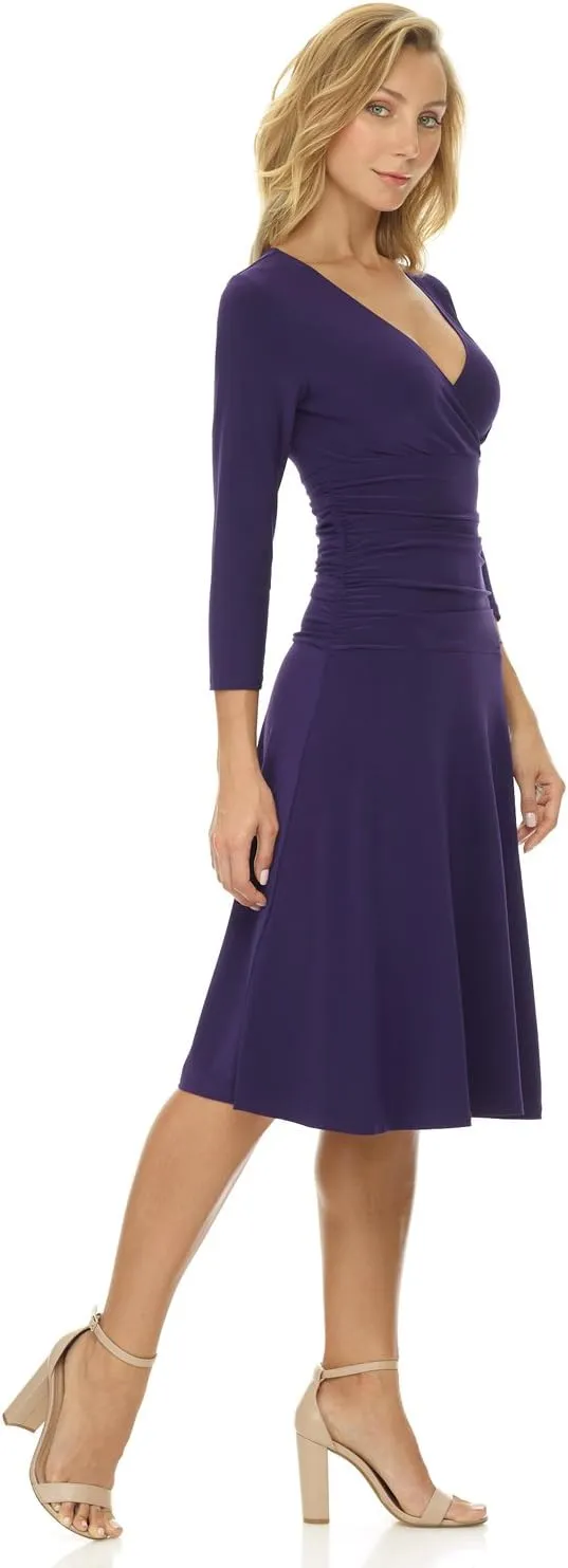 Rekucci Women's Slimming 3/4 Sleeve Fit-and-Flare Crossover Tummy Control Dress