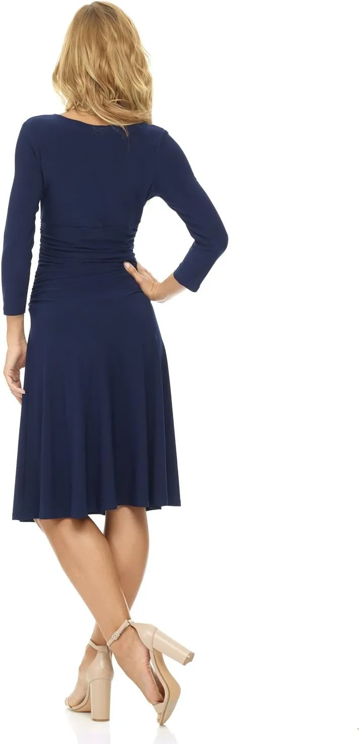 Rekucci Women's Slimming 3/4 Sleeve Fit-and-Flare Crossover Tummy Control Dress
