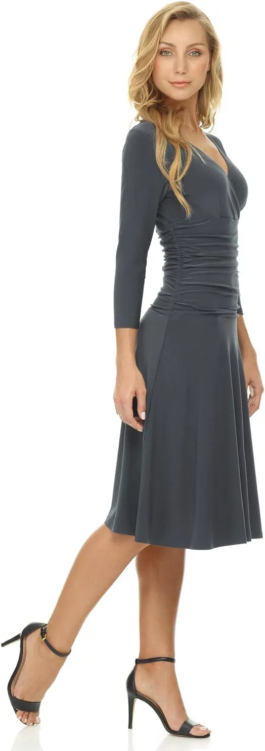Rekucci Women's Slimming 3/4 Sleeve Fit-and-Flare Crossover Tummy Control Dress