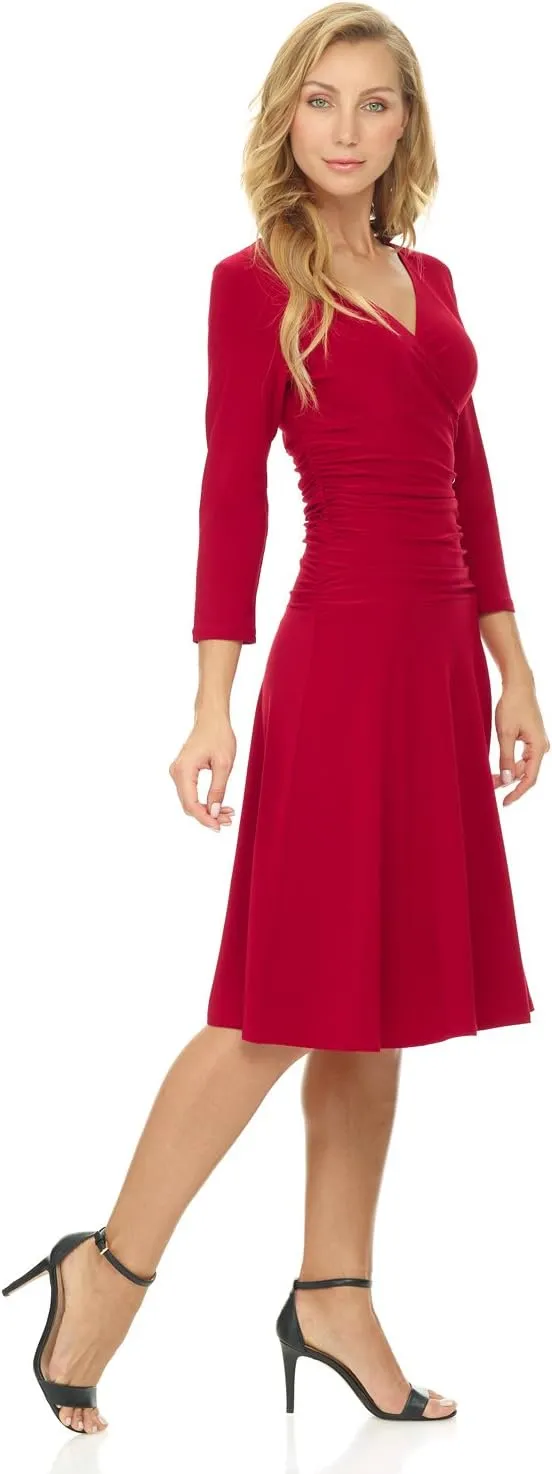 Rekucci Women's Slimming 3/4 Sleeve Fit-and-Flare Crossover Tummy Control Dress