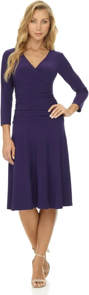 Rekucci Women's Slimming 3/4 Sleeve Fit-and-Flare Crossover Tummy Control Dress