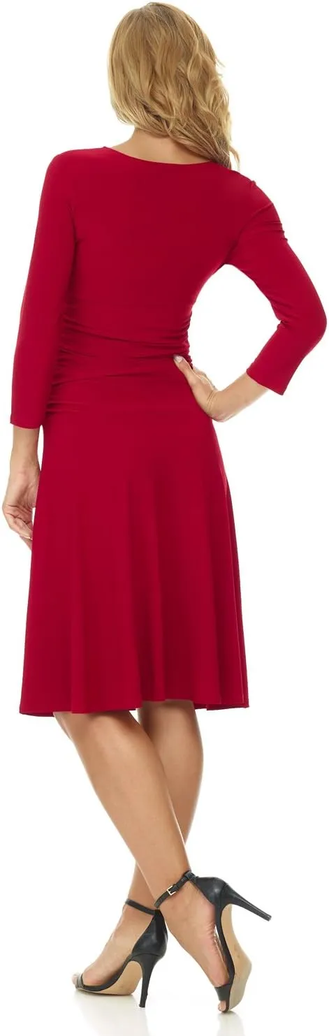 Rekucci Women's Slimming 3/4 Sleeve Fit-and-Flare Crossover Tummy Control Dress