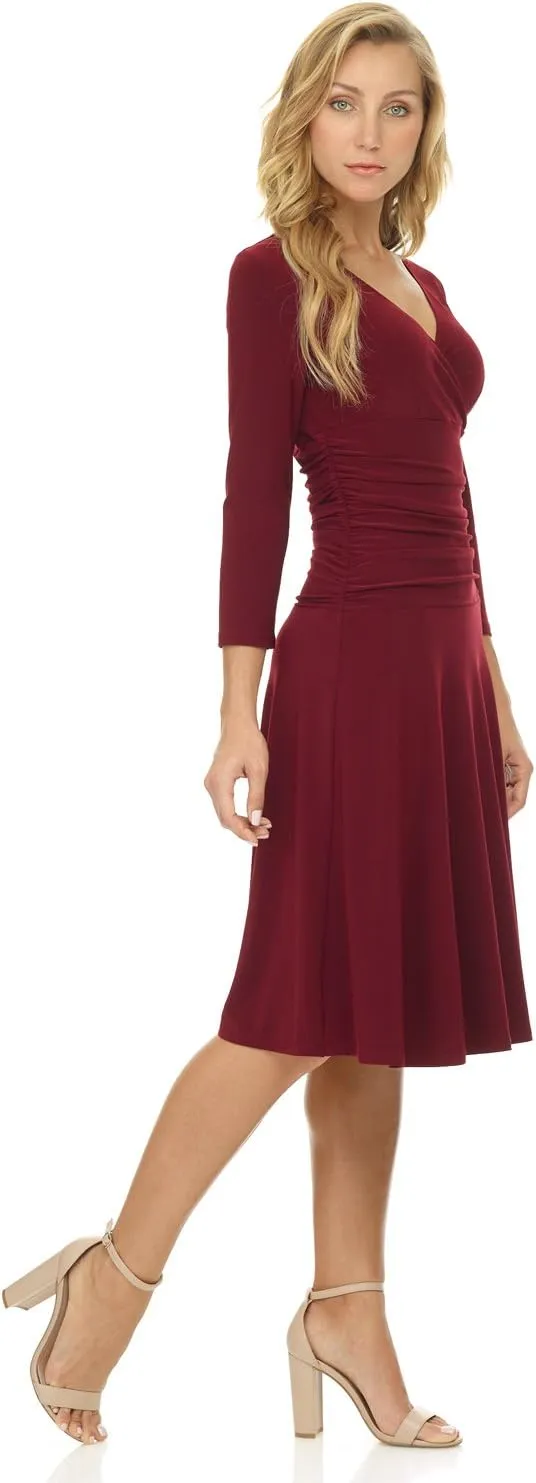 Rekucci Women's Slimming 3/4 Sleeve Fit-and-Flare Crossover Tummy Control Dress
