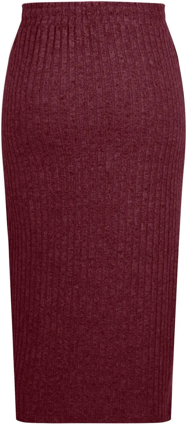 Ribbed Knit Pencil Skirt for Women Solid Color Elastic High Waist Drawstring Skirts Casual Office Work Bodycon Skirt