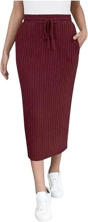 Ribbed Knit Pencil Skirt for Women Solid Color Elastic High Waist Drawstring Skirts Casual Office Work Bodycon Skirt