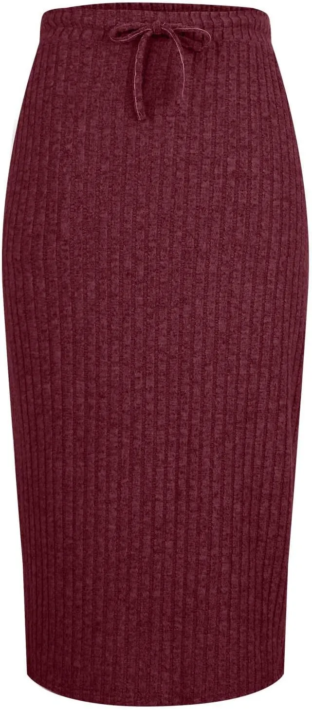 Ribbed Knit Pencil Skirt for Women Solid Color Elastic High Waist Drawstring Skirts Casual Office Work Bodycon Skirt