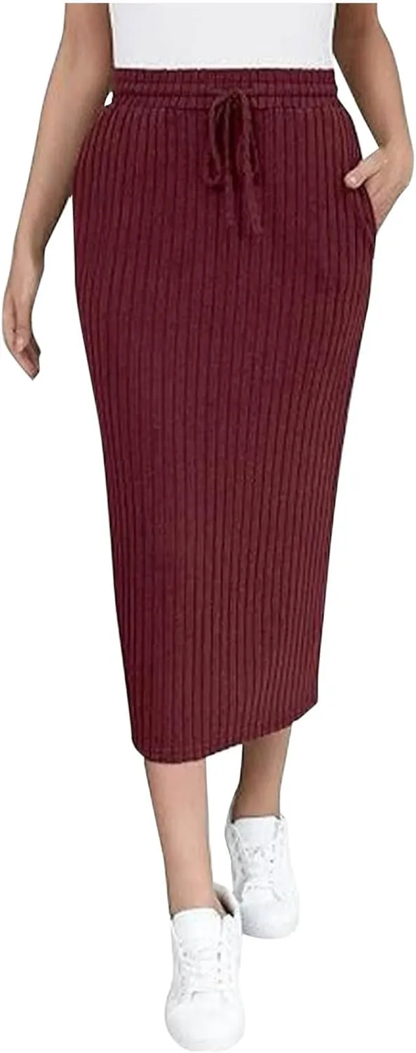 Ribbed Knit Pencil Skirt for Women Solid Color Elastic High Waist Drawstring Skirts Casual Office Work Bodycon Skirt
