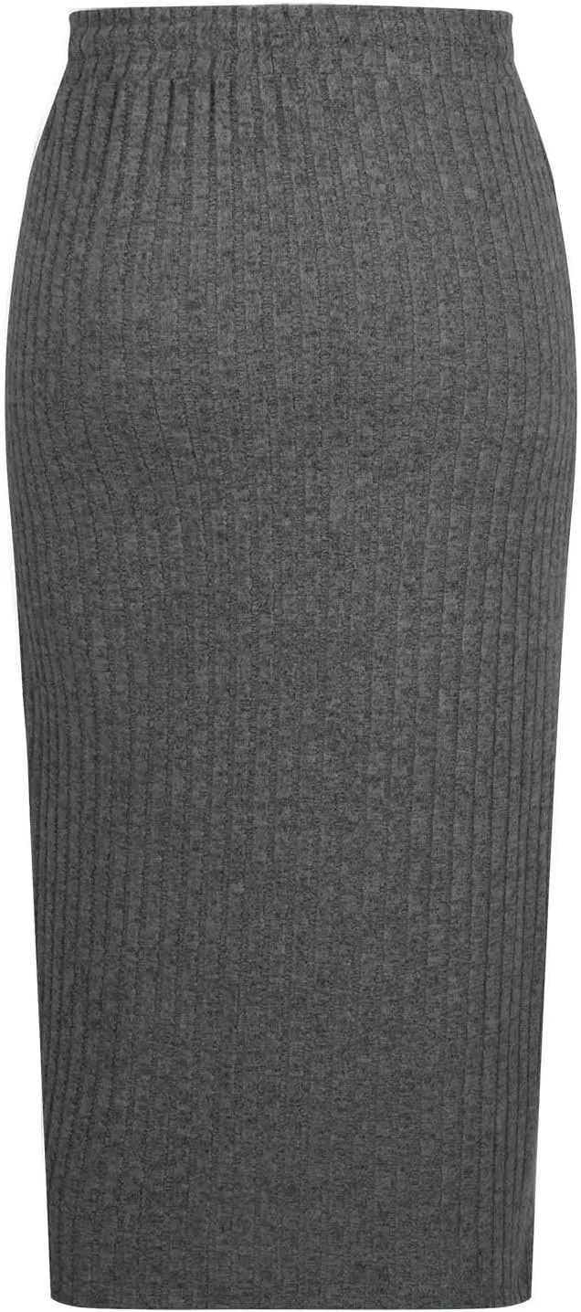 Ribbed Knit Pencil Skirt for Women Solid Color Elastic High Waist Drawstring Skirts Casual Office Work Bodycon Skirt