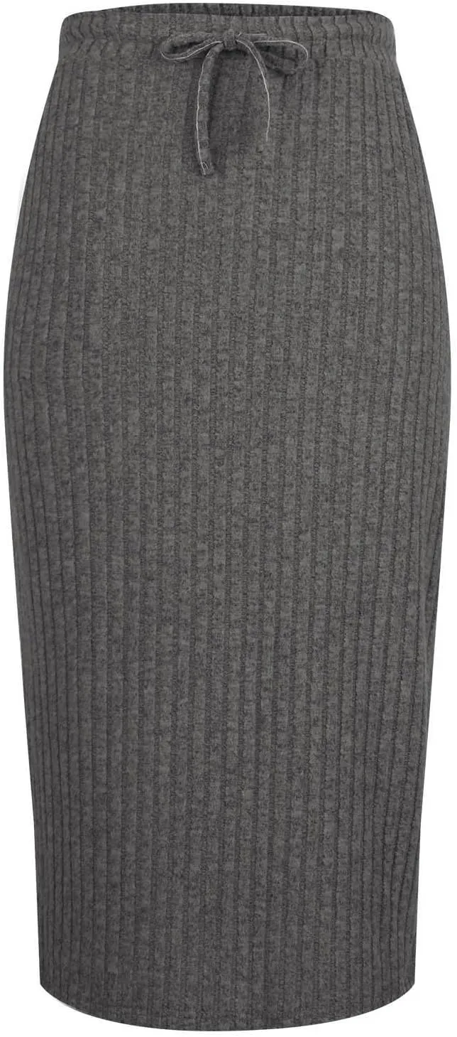 Ribbed Knit Pencil Skirt for Women Solid Color Elastic High Waist Drawstring Skirts Casual Office Work Bodycon Skirt