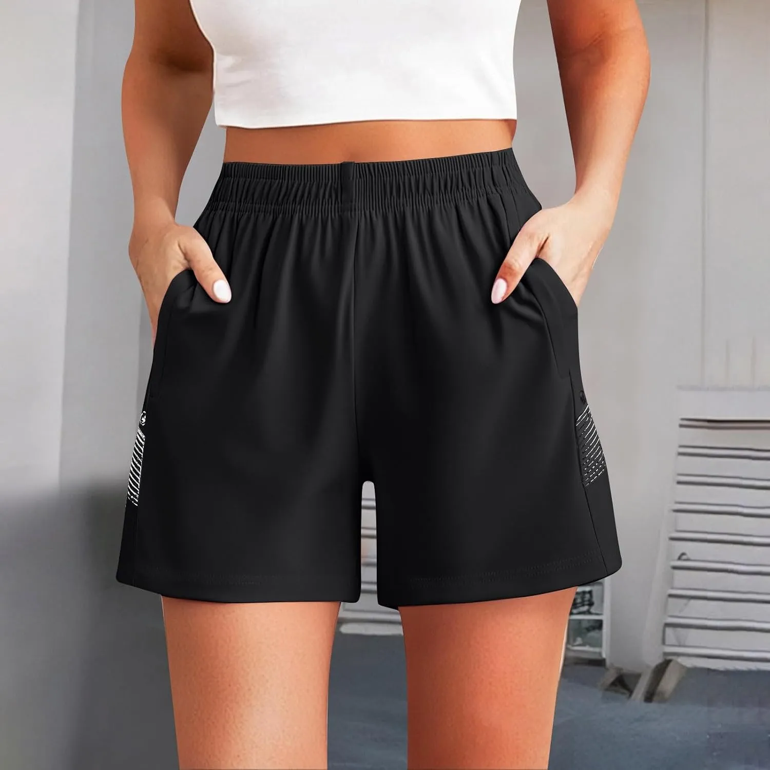 Running Shorts for Women Comfy Elastic Waist Quick Dry Lightweight Casual Workout Short with Zipper Pockets
