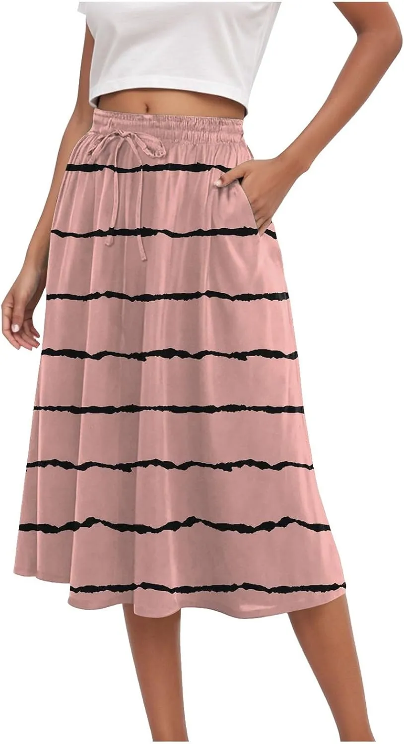 Rvidbe Skirts for Women Midi Length Summer Pleated High Waisted Casual Below Knee Skirts with Pockets Vacation A-Line Skirts
