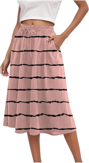 Rvidbe Skirts for Women Midi Length Summer Pleated High Waisted Casual Below Knee Skirts with Pockets Vacation A-Line Skirts