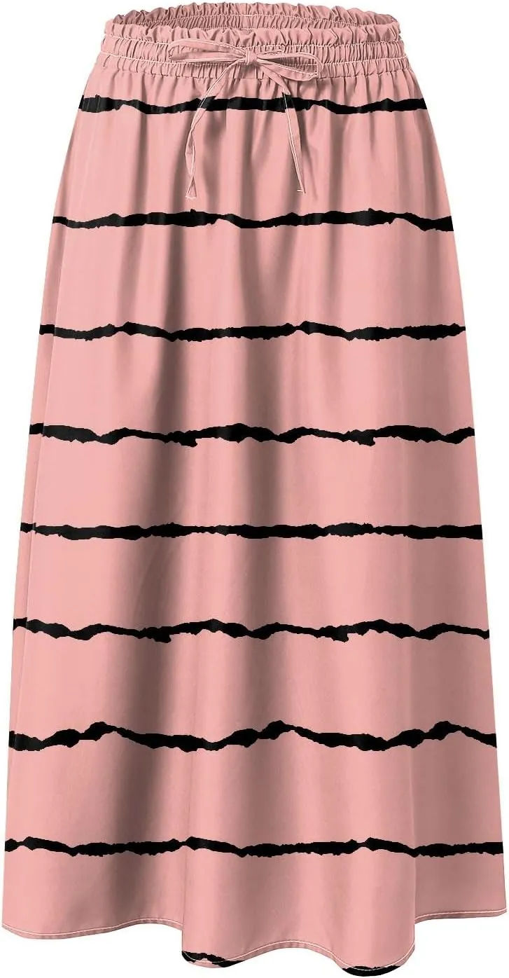 Rvidbe Skirts for Women Midi Length Summer Pleated High Waisted Casual Below Knee Skirts with Pockets Vacation A-Line Skirts
