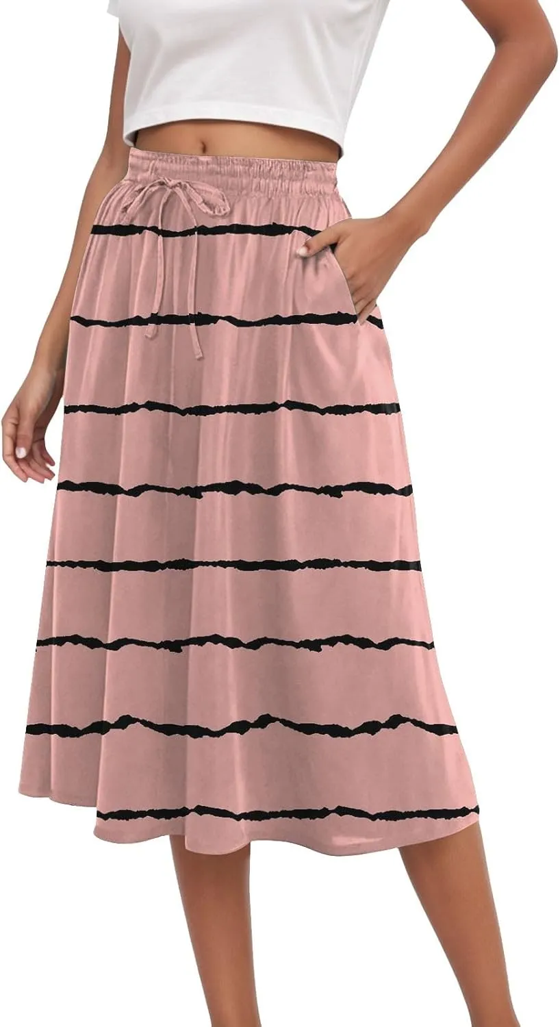 Rvidbe Skirts for Women Midi Length Summer Pleated High Waisted Casual Below Knee Skirts with Pockets Vacation A-Line Skirts
