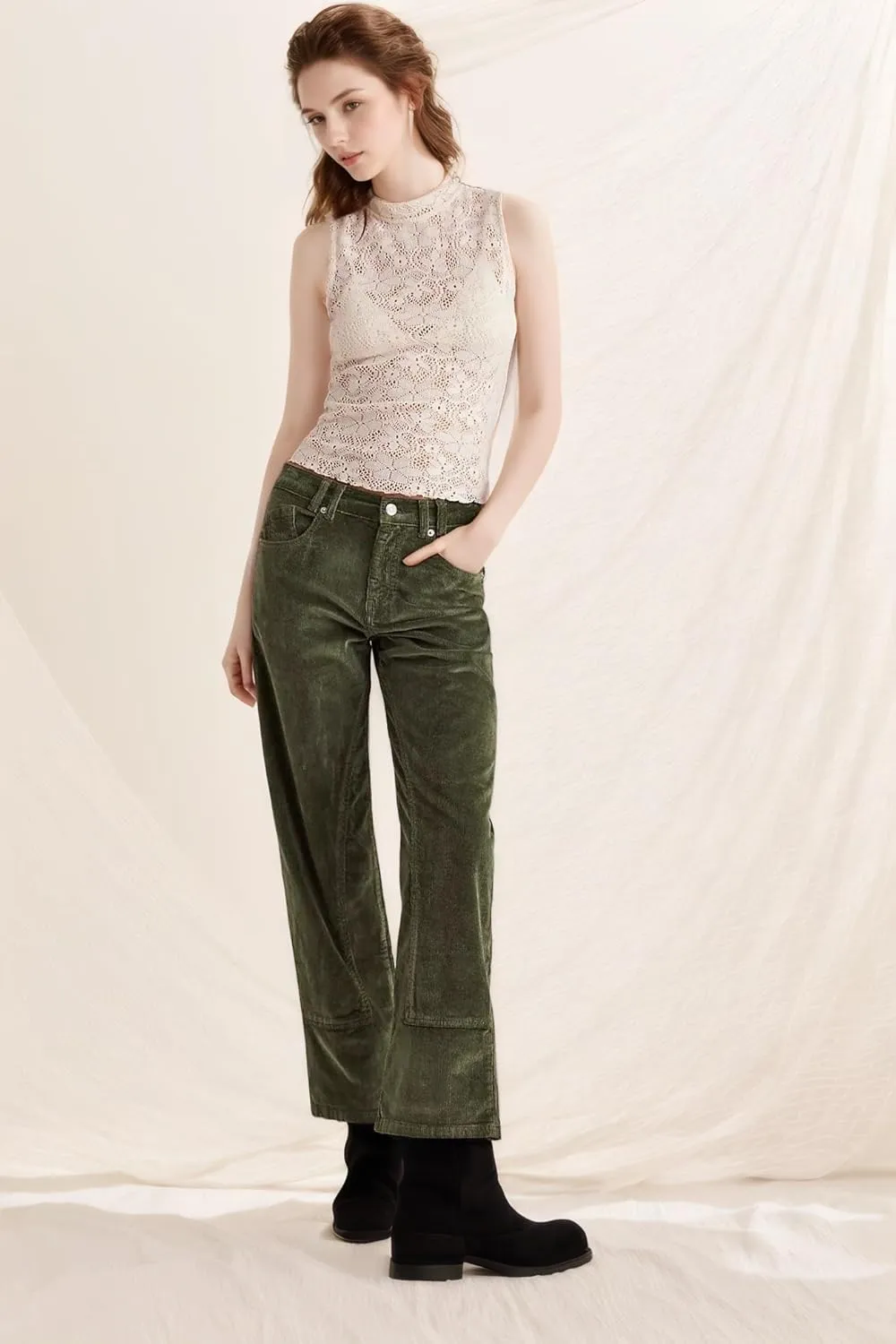 SCOFEEL Corduroy Pants for Women Casual Elastic Waisted Straight Leg Pant Loose Comfy Trousers with Pockets
