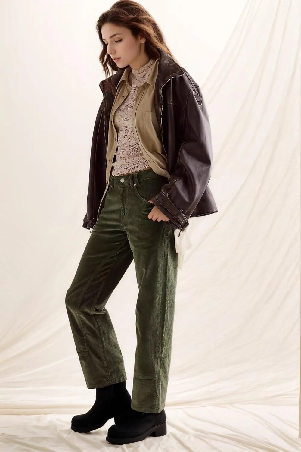 SCOFEEL Corduroy Pants for Women Casual Elastic Waisted Straight Leg Pant Loose Comfy Trousers with Pockets