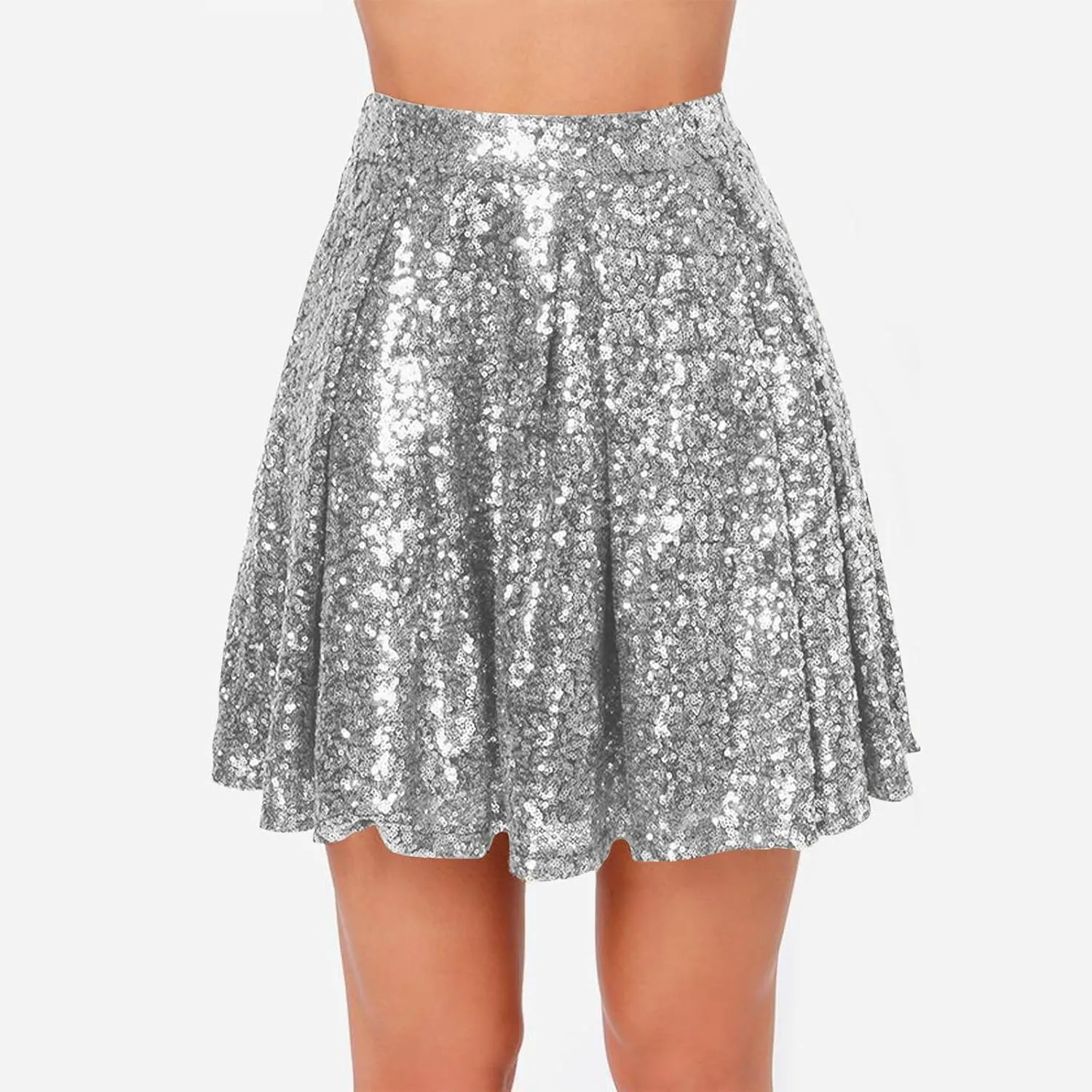 Sequin Mini Skirt for Women A-line Basic Skirt Stretchy Flared Casual Pleated Sparkly Skater Skirts Short Rave Skirt