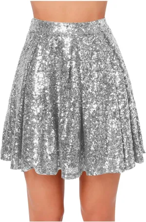 Sequin Mini Skirt for Women A-line Basic Skirt Stretchy Flared Casual Pleated Sparkly Skater Skirts Short Rave Skirt