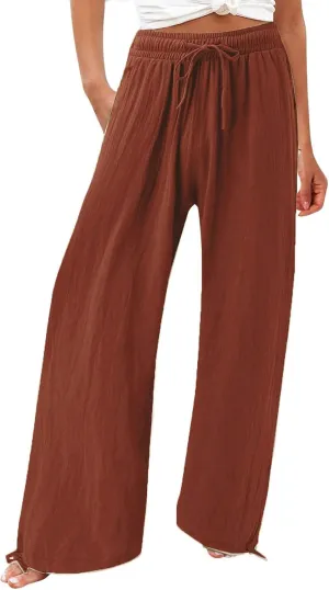 SHAOBGE Linen Pants Women Comfy Flowy Wide Leg Pants Trousers Summer High Waisted Beach Palazzo Pants with Pockets 2024
