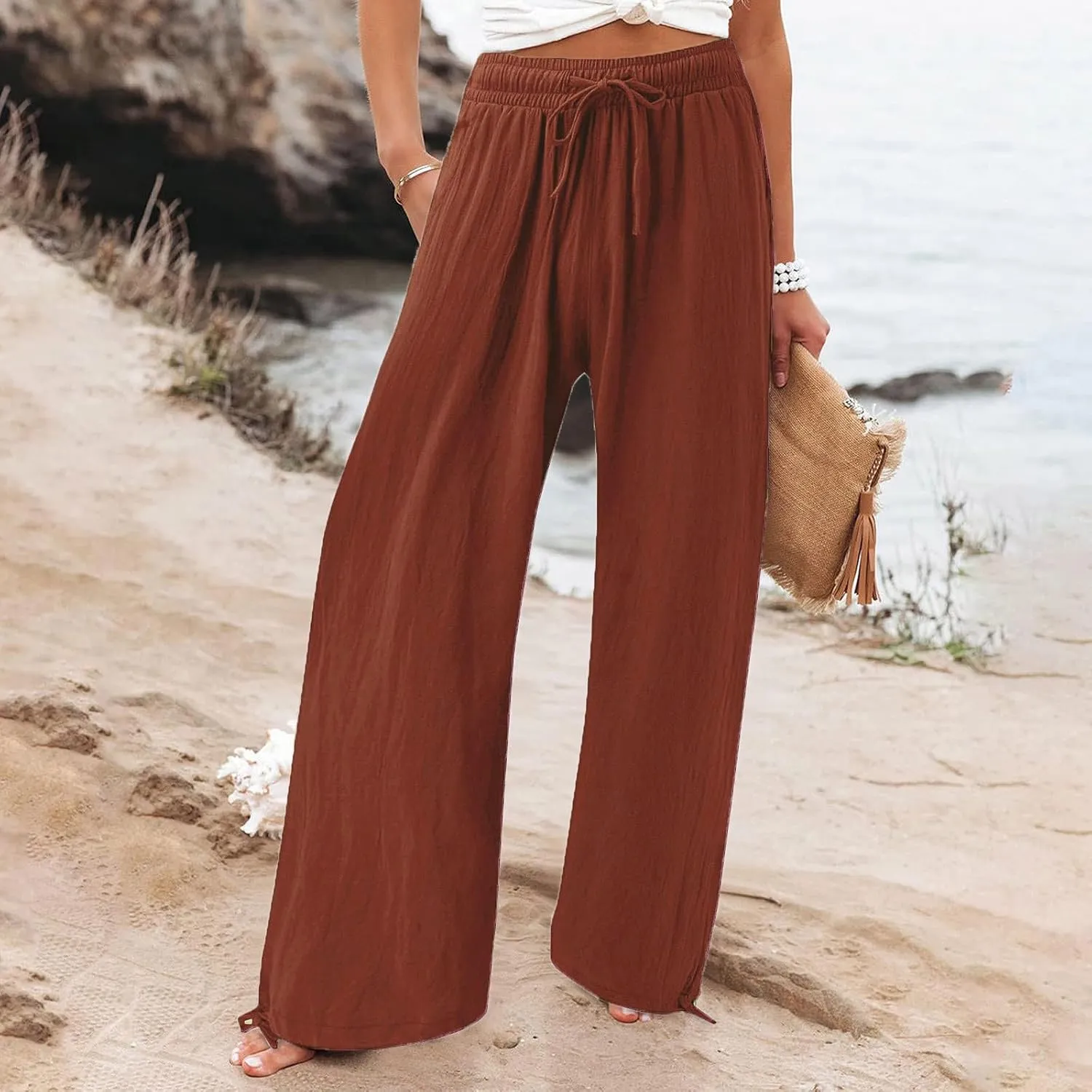 SHAOBGE Linen Pants Women Comfy Flowy Wide Leg Pants Trousers Summer High Waisted Beach Palazzo Pants with Pockets 2024