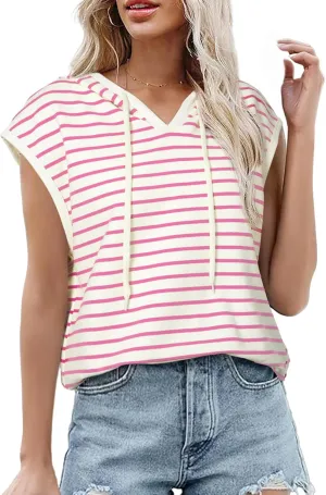 SHEWIN Womens Summer Striped Hooded Cap Sleeve Tops Lightweight Drawstring Hoodies V Neck Casual Blouses Shirts