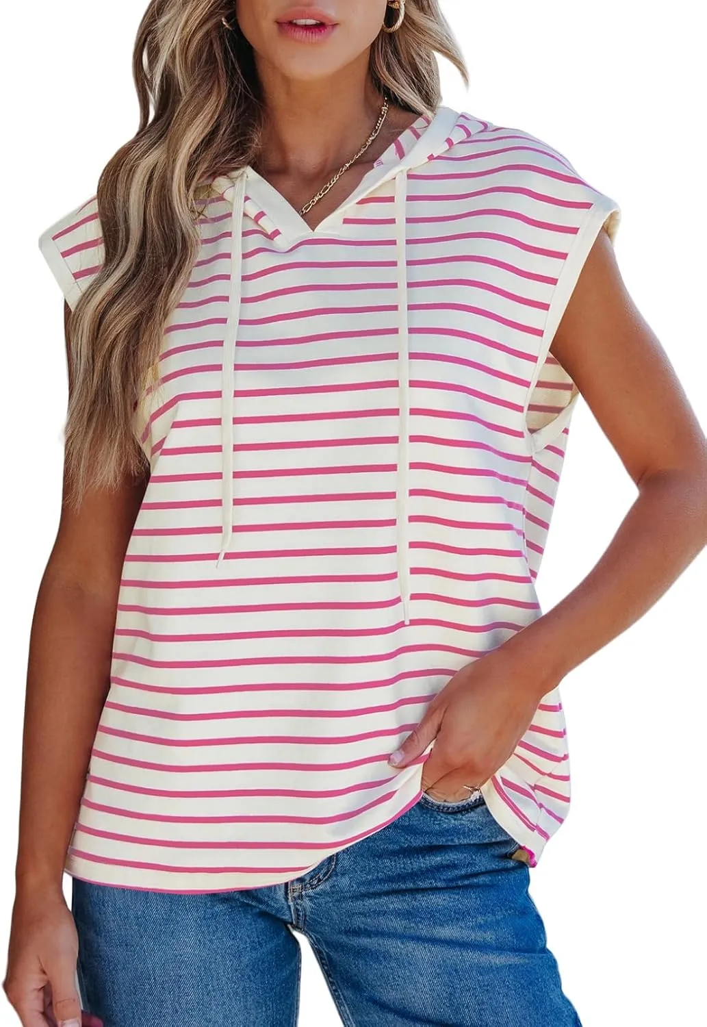 SHEWIN Womens Summer Striped Hooded Cap Sleeve Tops Lightweight Drawstring Hoodies V Neck Casual Blouses Shirts