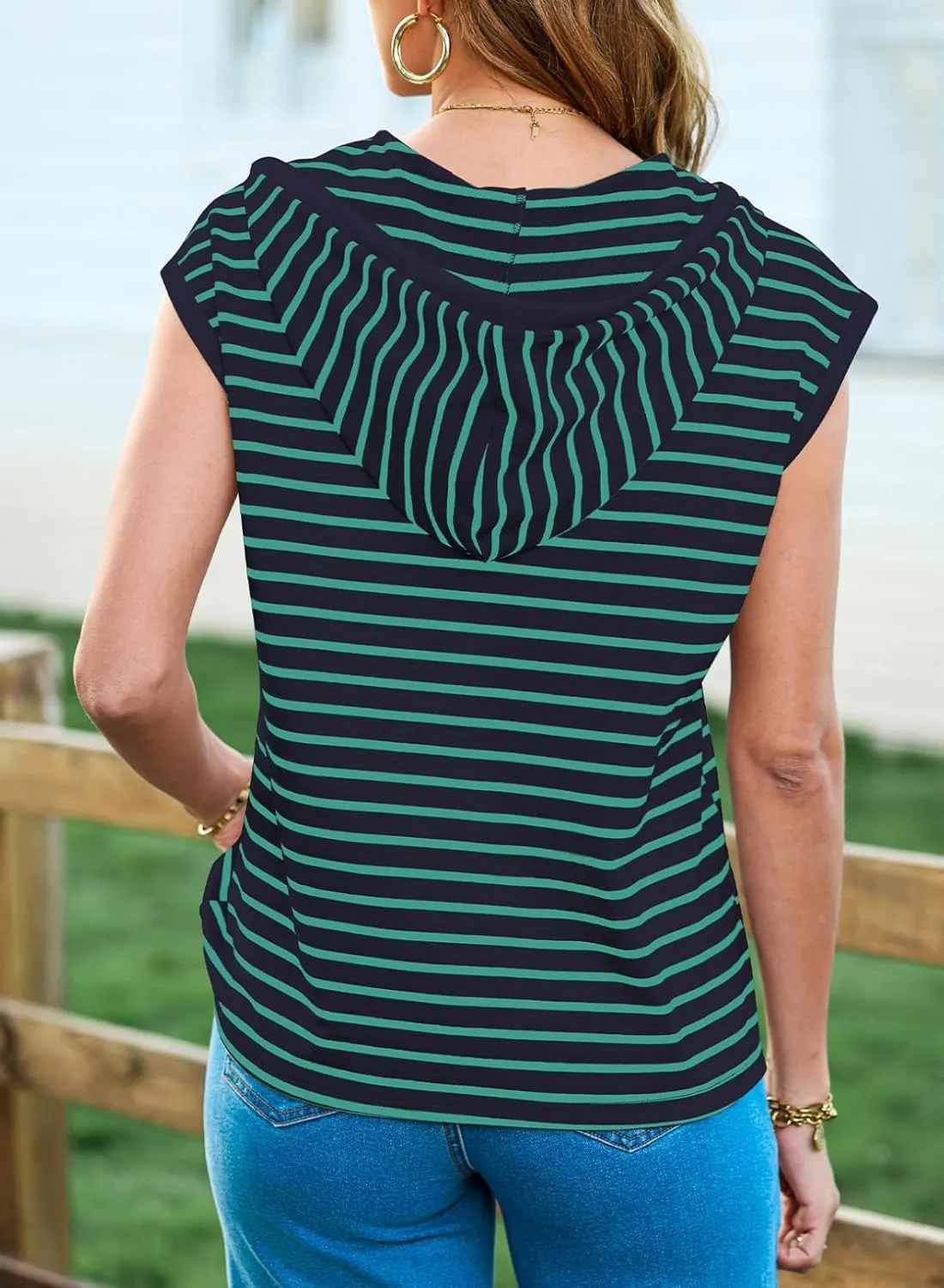 SHEWIN Womens Summer Striped Hooded Cap Sleeve Tops Lightweight Drawstring Hoodies V Neck Casual Blouses Shirts