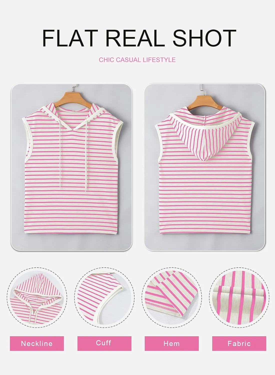 SHEWIN Womens Summer Striped Hooded Cap Sleeve Tops Lightweight Drawstring Hoodies V Neck Casual Blouses Shirts