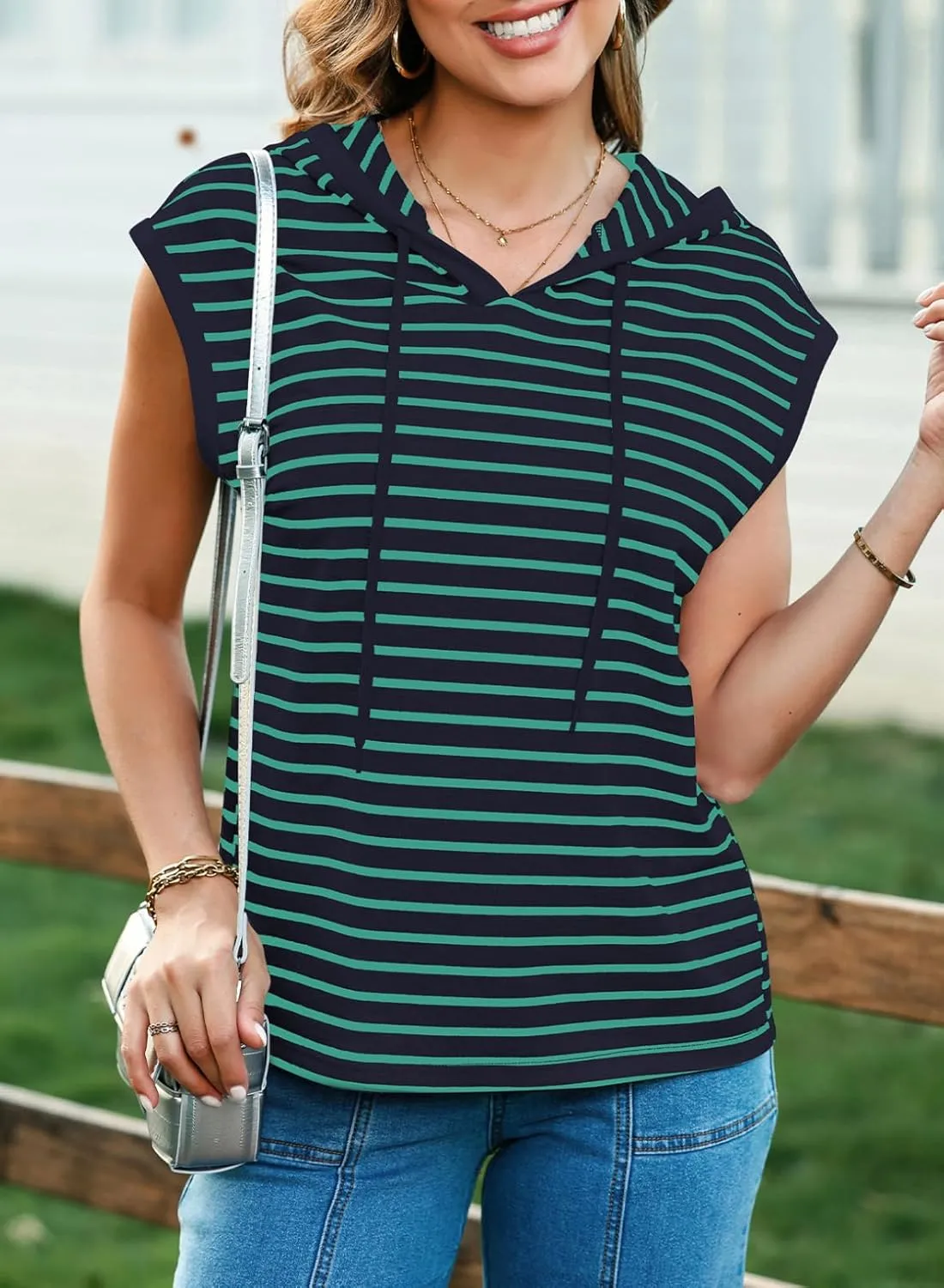 SHEWIN Womens Summer Striped Hooded Cap Sleeve Tops Lightweight Drawstring Hoodies V Neck Casual Blouses Shirts