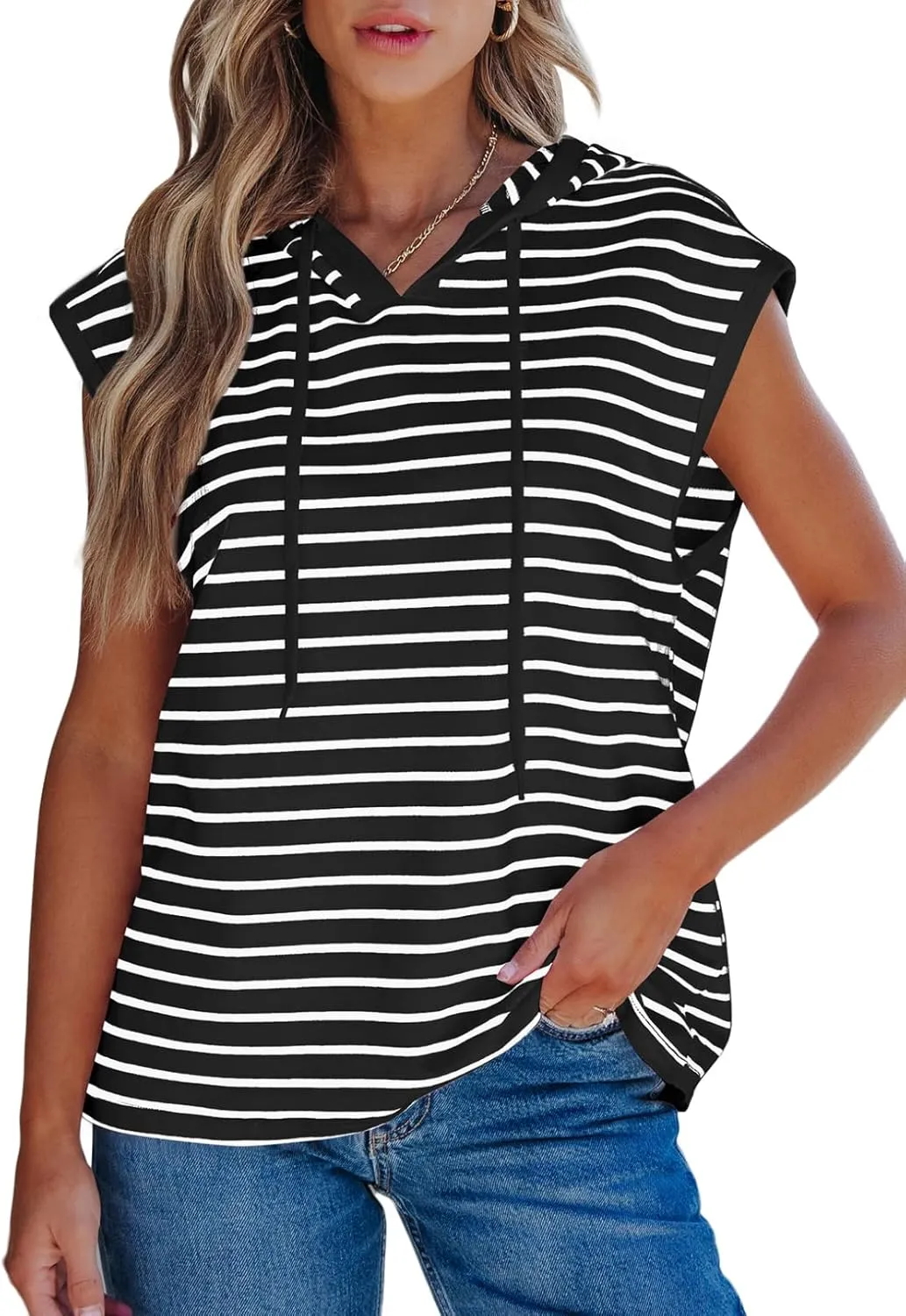 SHEWIN Womens Summer Striped Hooded Cap Sleeve Tops Lightweight Drawstring Hoodies V Neck Casual Blouses Shirts