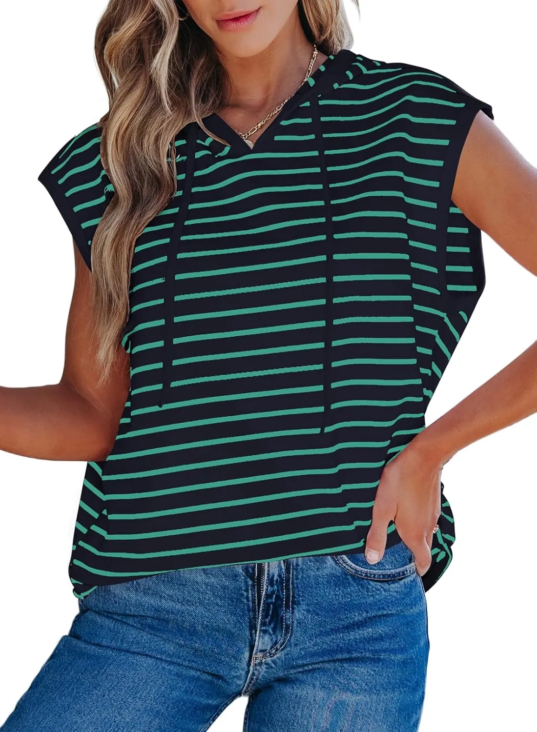 SHEWIN Womens Summer Striped Hooded Cap Sleeve Tops Lightweight Drawstring Hoodies V Neck Casual Blouses Shirts