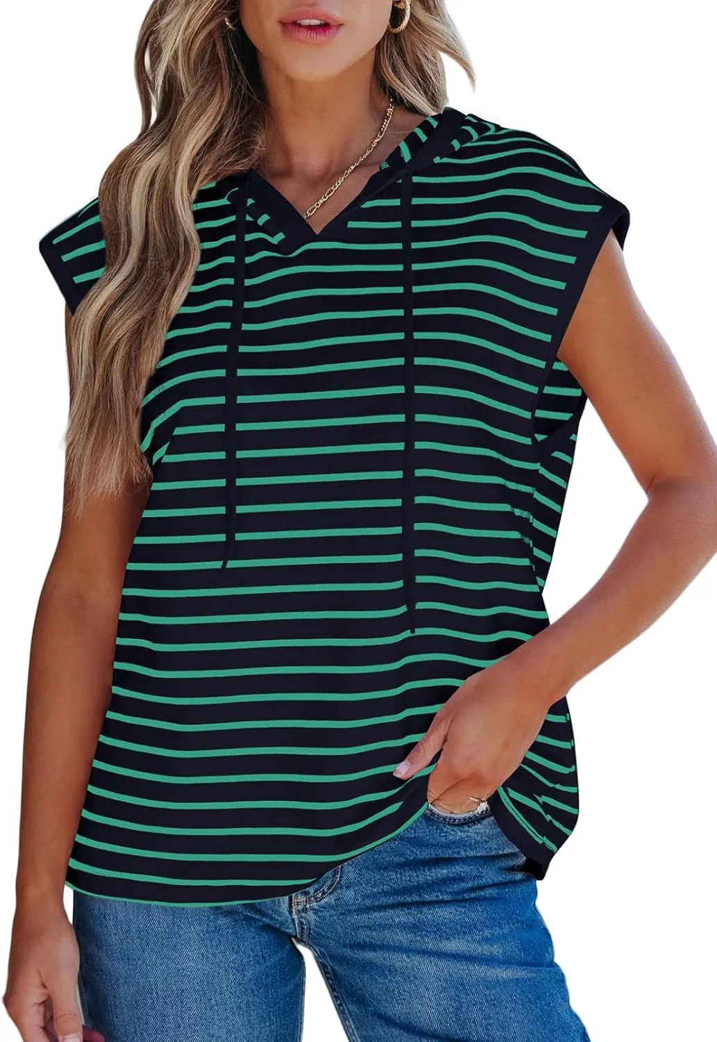 SHEWIN Womens Summer Striped Hooded Cap Sleeve Tops Lightweight Drawstring Hoodies V Neck Casual Blouses Shirts