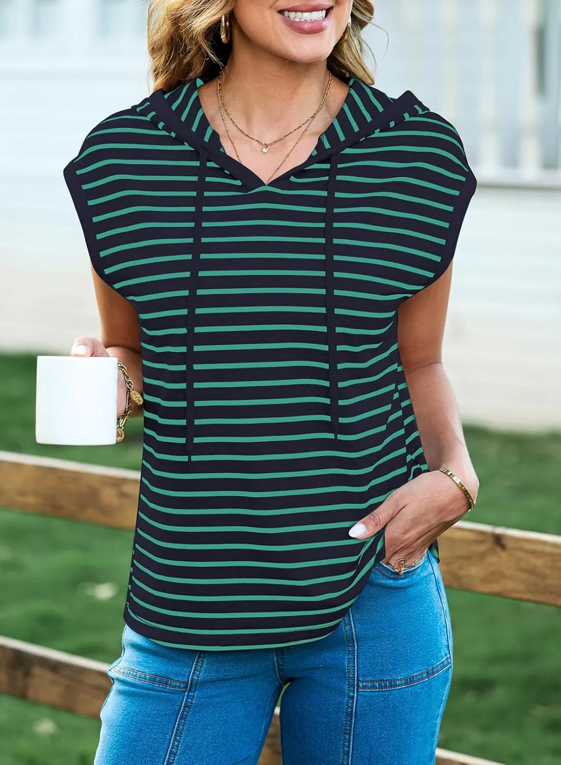 SHEWIN Womens Summer Striped Hooded Cap Sleeve Tops Lightweight Drawstring Hoodies V Neck Casual Blouses Shirts