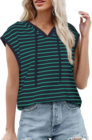 SHEWIN Womens Summer Striped Hooded Cap Sleeve Tops Lightweight Drawstring Hoodies V Neck Casual Blouses Shirts