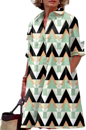 Shirt Dress for Women Casual Print Linen T Shirt Dress Summer V Neck Loose Long Sleeve Button Maxi Collared Dress