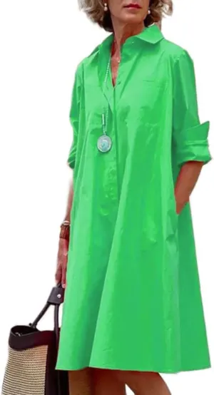 Shirt Dress for Women Casual Print Linen T Shirt Dress Summer V Neck Loose Long Sleeve Button Maxi Collared Dress
