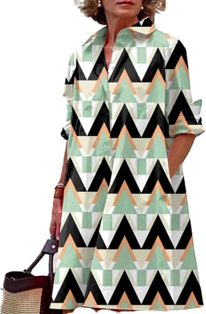 Shirt Dress for Women Casual Print Linen T Shirt Dress Summer V Neck Loose Long Sleeve Button Maxi Collared Dress
