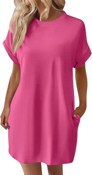 Shirt Dresses for Women Summer Casual Short Sleeve Mini Dress Loose Crew Neck T Shirt Dress Sundresses Swimsuit Coverup