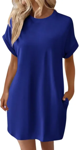 Shirt Dresses for Women Summer Casual Short Sleeve Mini Dress Loose Crew Neck T Shirt Dress Sundresses Swimsuit Coverup