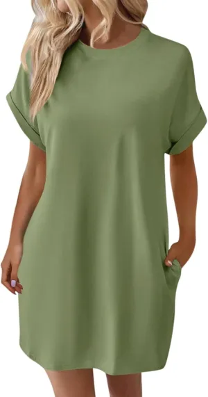 Shirt Dresses for Women Summer Casual Short Sleeve Mini Dress Loose Crew Neck T Shirt Dress Sundresses Swimsuit Coverup