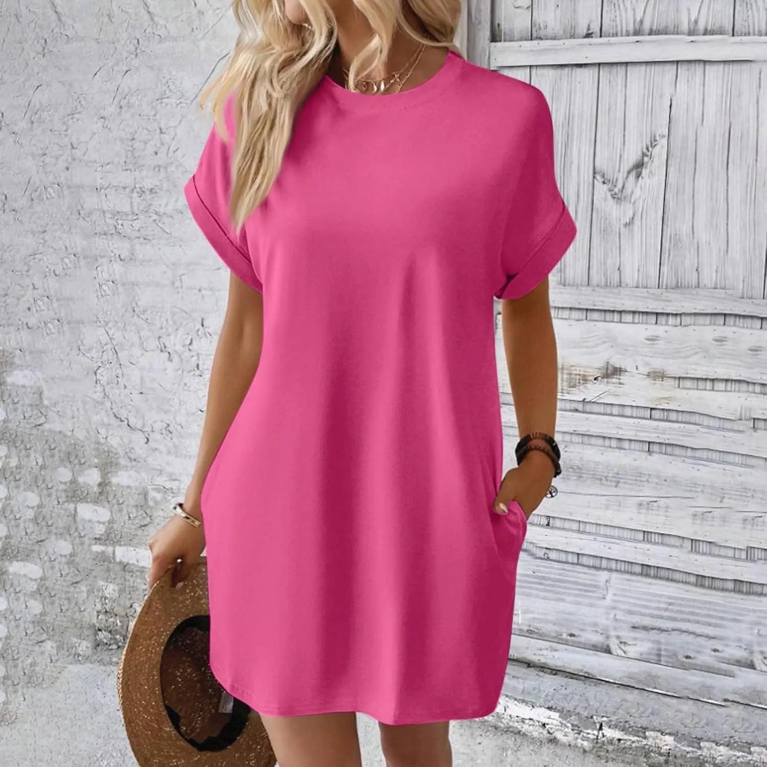 Shirt Dresses for Women Summer Casual Short Sleeve Mini Dress Loose Crew Neck T Shirt Dress Sundresses Swimsuit Coverup