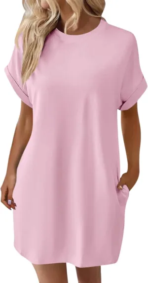 Shirt Dresses for Women Summer Casual Short Sleeve Mini Dress Loose Crew Neck T Shirt Dress Sundresses Swimsuit Coverup