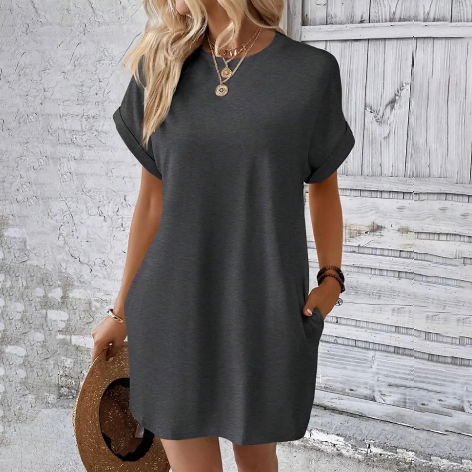 Shirt Dresses for Women Summer Casual Short Sleeve Mini Dress Loose Crew Neck T Shirt Dress Sundresses Swimsuit Coverup