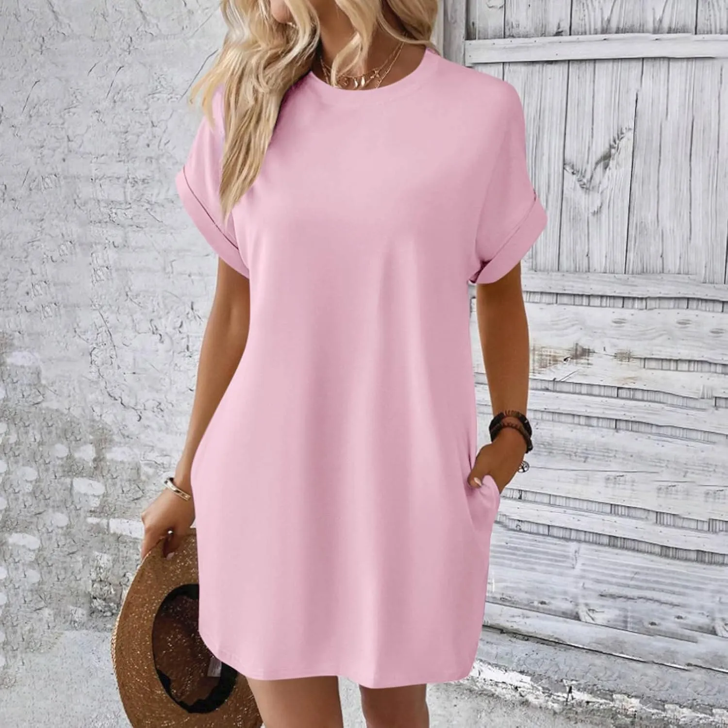 Shirt Dresses for Women Summer Casual Short Sleeve Mini Dress Loose Crew Neck T Shirt Dress Sundresses Swimsuit Coverup