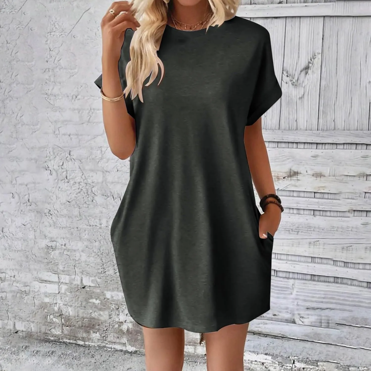 Shirt Dresses for Women Summer Casual Short Sleeve Mini Dress Loose Crew Neck T Shirt Dress Sundresses Swimsuit Coverup