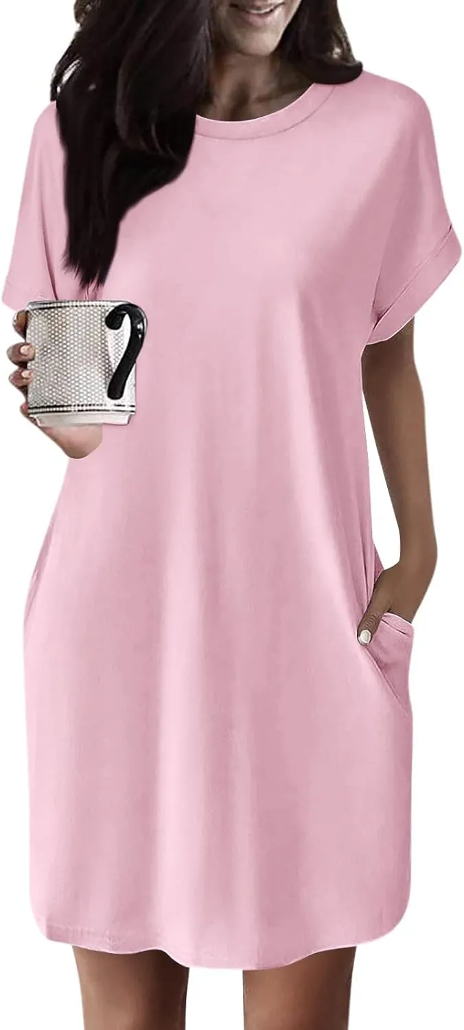 Shirt Dresses for Women Summer Casual Short Sleeve Mini Dress Loose Crew Neck T Shirt Dress Sundresses Swimsuit Coverup