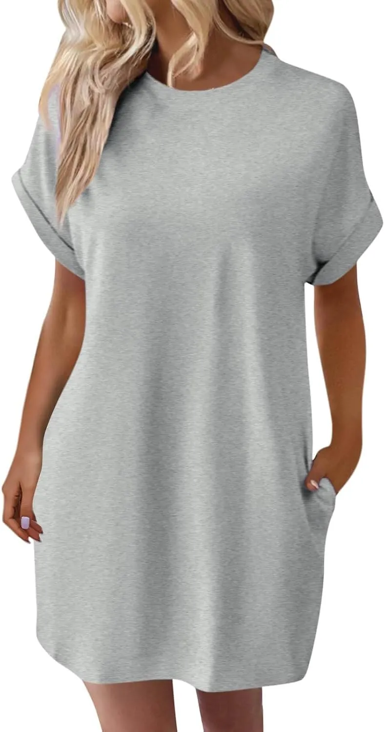 Shirt Dresses for Women Summer Casual Short Sleeve Mini Dress Loose Crew Neck T Shirt Dress Sundresses Swimsuit Coverup