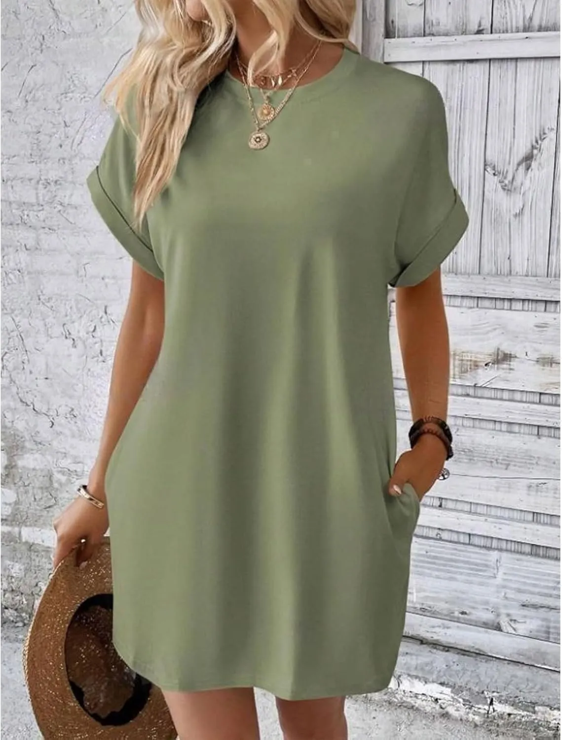 Shirt Dresses for Women Summer Casual Short Sleeve Mini Dress Loose Crew Neck T Shirt Dress Sundresses Swimsuit Coverup