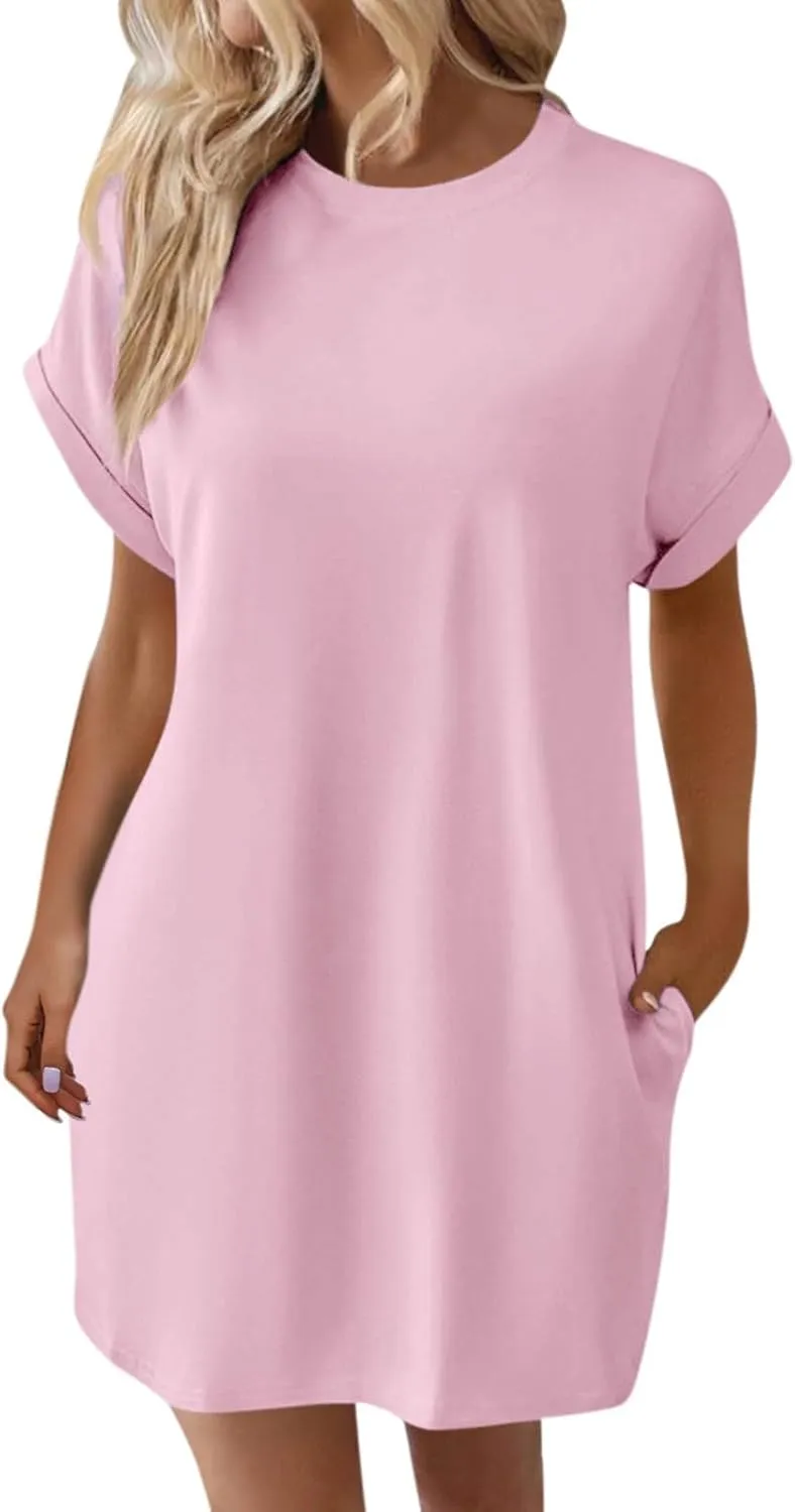 Shirt Dresses for Women Summer Casual Short Sleeve Mini Dress Loose Crew Neck T Shirt Dress Sundresses Swimsuit Coverup